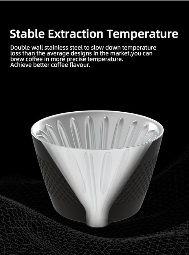 CAFECITO Pour Over Coffee Maker Dripper &amp Server Set | 12oz Double Wall Stainless Steel | Diamond Pattern V60 Brewer Cone Set | 1-2 Cups | Anti-Over Extraction Design
