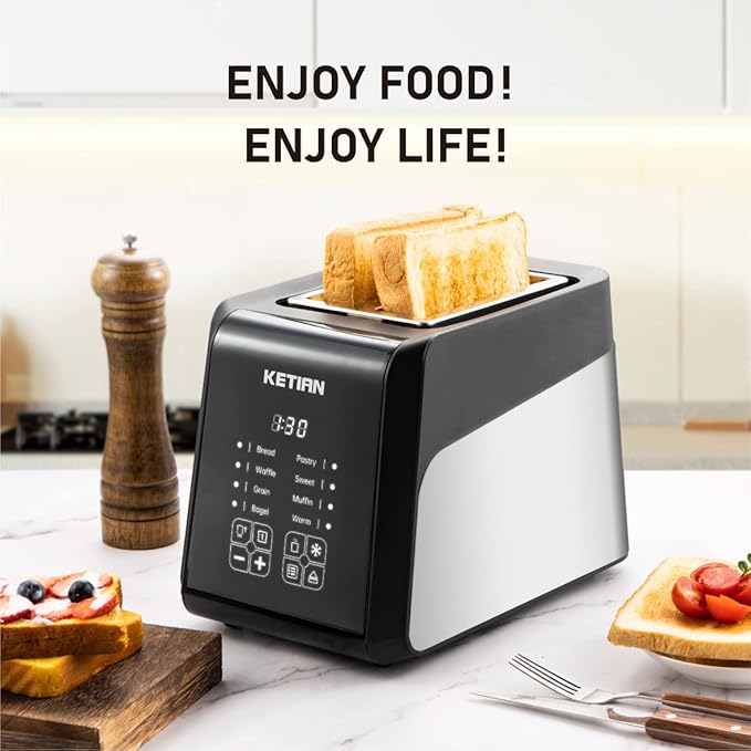 Touchscreen Toaster 2 Slice KETIAN Bagel English Muffins Toast Pastry Waffles Grain Sweet Bread Toaster Extra Wide Slots Single Slot Toasting Automatic Lifting 1400w (Black)