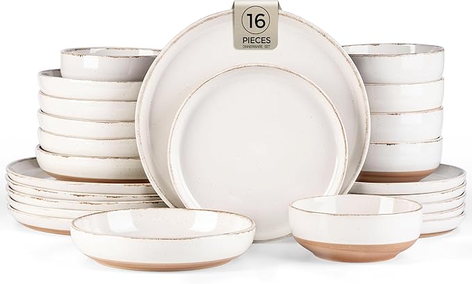 AmorArc Dinnerware Sets with Pasta Bowls for 4 Handpainted Stoneware Plates and Bowls Set with Rustic Terracotta Underside Scratch Resistant Dishes Set Dishwasher &amp Microwave Safe 16 Pcs