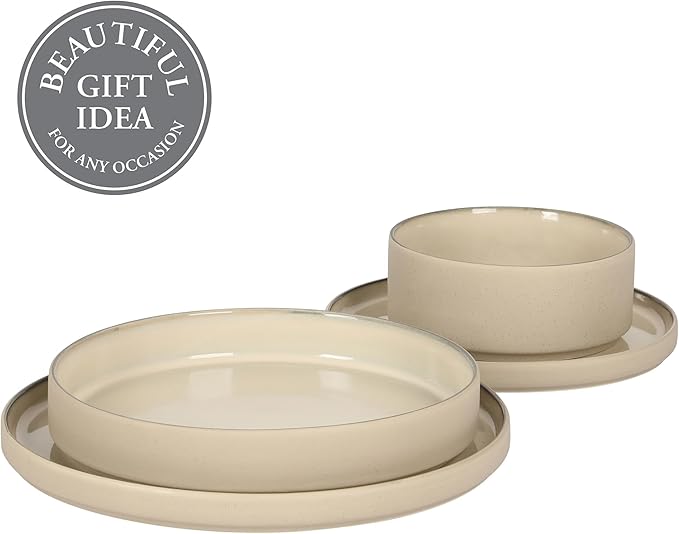 Gibson Elite Liberty Bay 16-Piece Pottery Clay Stoneware Dinnerware Set – Taupe Reactive Glaze Stackable Plates and Bowls W/Pasta Bowl Service for 4 – Microwave &amp Dishwasher Safe