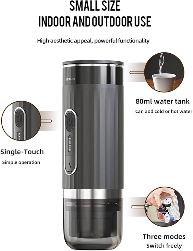HURRISE Portable Espresso Machine 3-in-1 Cordless Coffee Maker Compatible with Capsules and Ground Coffee Electric Italian Espresso Machine for Car Home Office Travel Camping