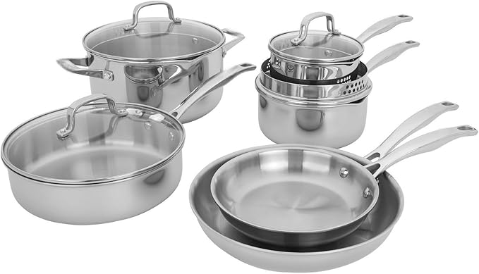 Clad H3 10-pc Induction Ceramic Nonstick Pot and Pan Set Stainless Steel Durable and Easy to clean