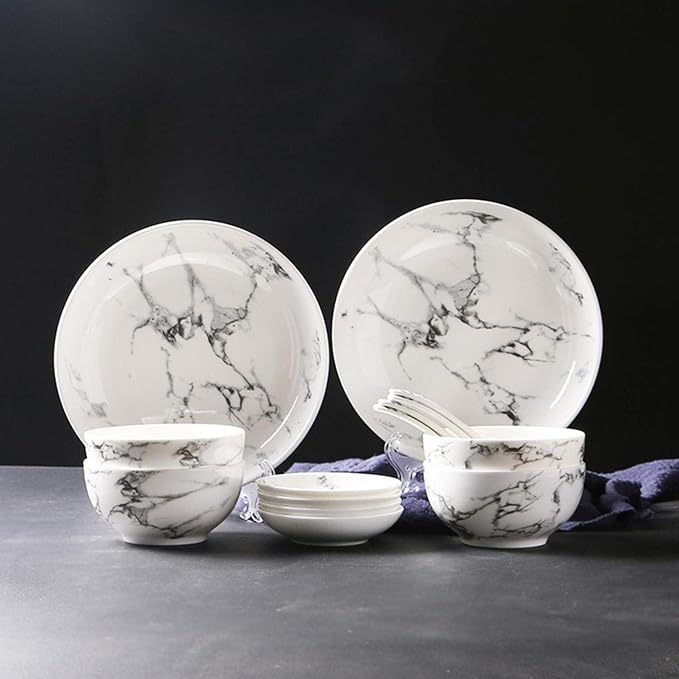 14 Pieces Marble Pattern Dinner Set White Grey Ceramic Tableware