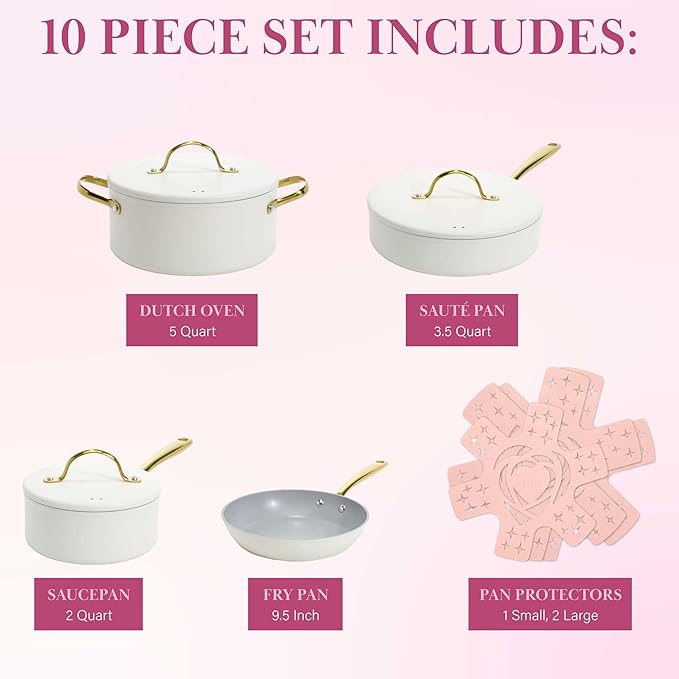 Paris Hilton Iconic Nonstick Pots and Pans Set Multi-layer Nonstick Coating Matching Lids With Gold Handles Made without PFOA Dishwasher Safe Cookware Set 10-Piece Cream