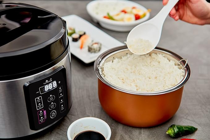 Yum Asia Kumo YumCarb Rice Cooker with Ceramic Bowl and Advanced Fuzzy Logic (5.5 Cups 1 Litre) 5 Rice Cooking Functions 3 Multicooker Functions 110V US Power (Light Stainless Steel)