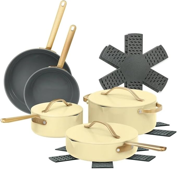 12-Piece Ceramic Nonstick Cookware Set Pots and Pans with Strainer Lids (Buttercream)