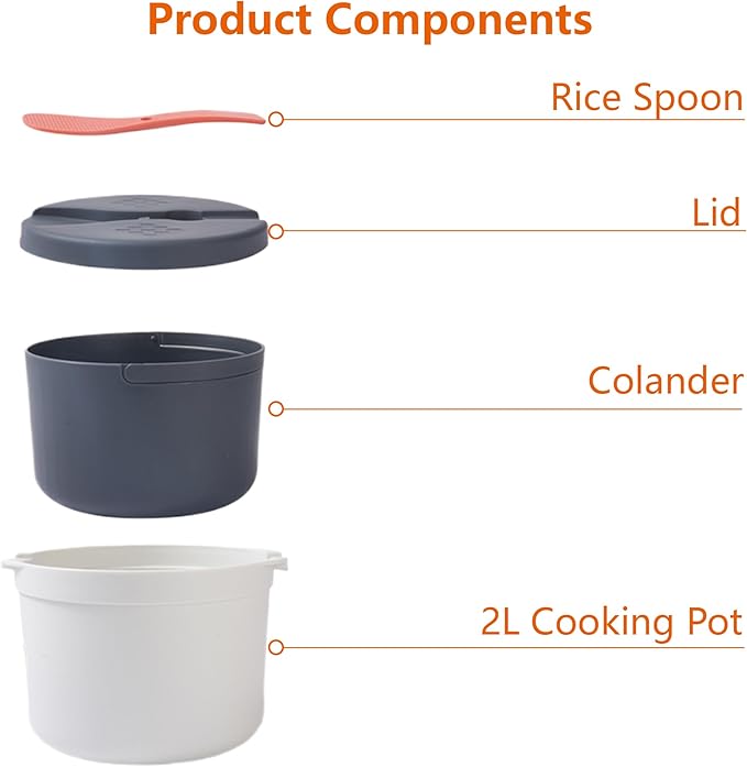 Microwave Rice Cooker Steamer Set: 2L Microwave Pasta Cooker with Rice Spoon Lid Strainer Non-stick Rice Cooker Steaming Pot for Rice Pasta Vegetables Quinoa Oatmeal Ramen (Orange)