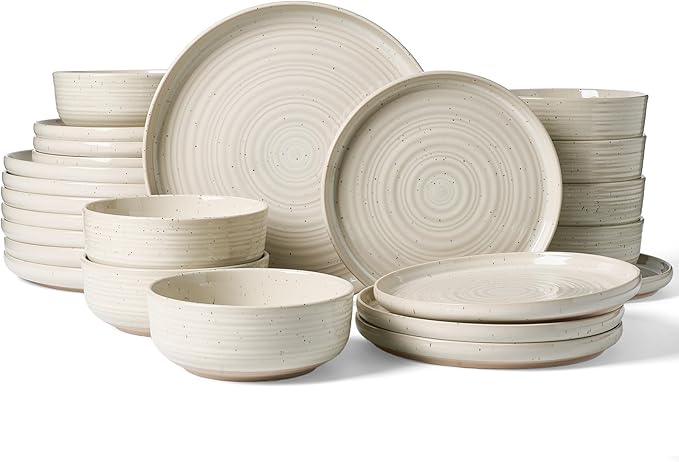 Stoneware Dinnerware Set Highly Chip and Scratch Resistant Everyday Plates and Bowls for 8 (24pcs) Reactive Glaze Speckled Ceramic Flared Dishes with Gift Box Microwave Dishwasher Safe Shell Beige