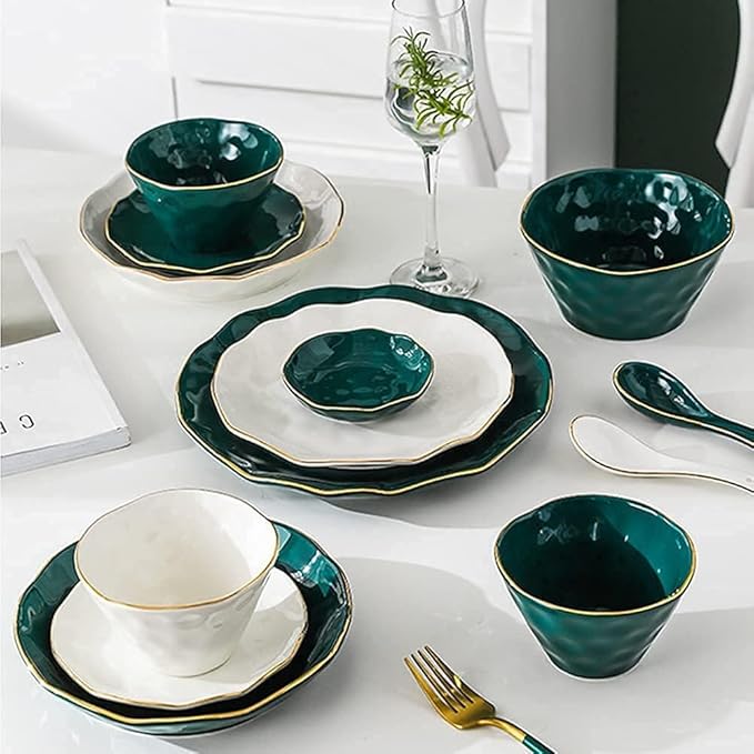 Dinnerware Set Plates and Bowls Sets Bone Porcelain Tableware Set With Plates Dish And Bowls Green White Ceramic Dinner Set With Gold Rim For Home