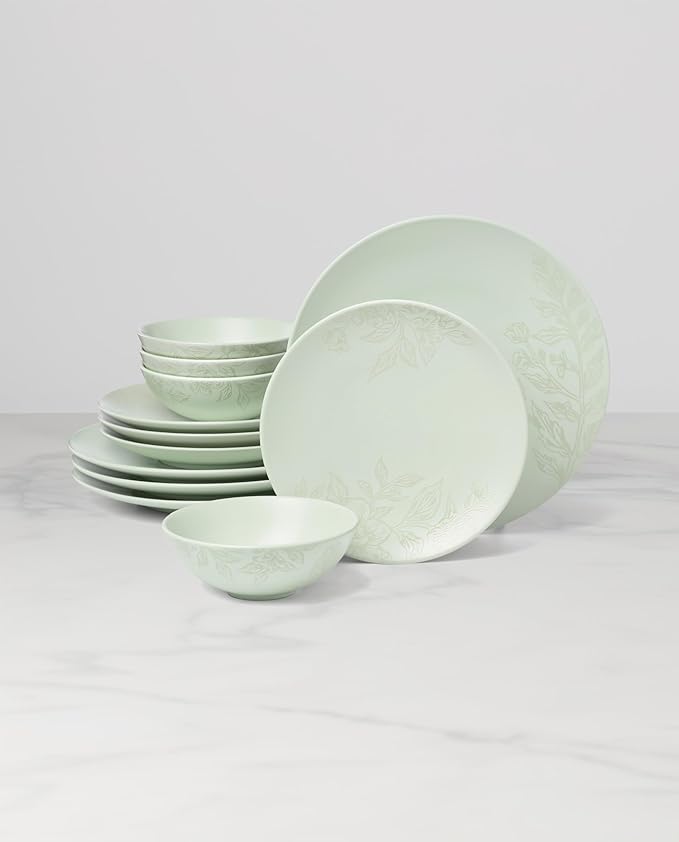 Oneida 897395 Roseto 12-Piece Dinnerware Set Soft Sage