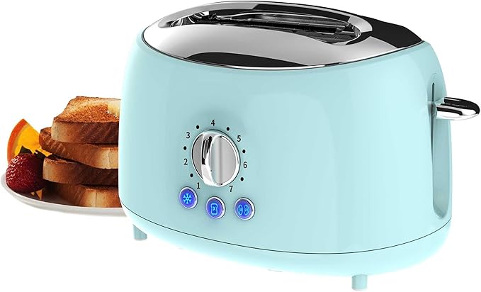 Cool Touch 2-Slice Extra Wide Slot Toaster with 7 Shade Settings Defrost and Bagel Functions – Black and Blue Retro Kitchen Toaster (Blue)