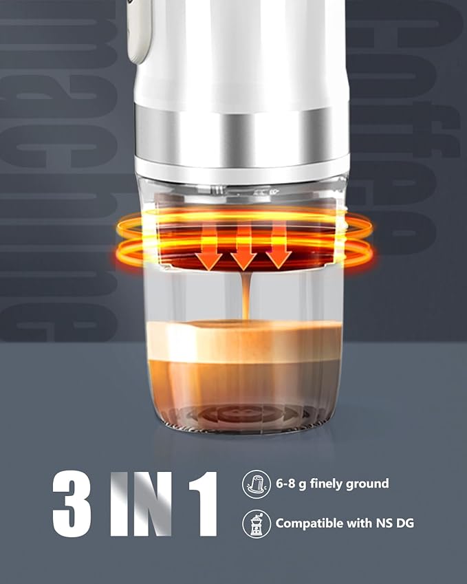 Portable Espresso Machine 3Minute Auto Heat12V Rechargeable Electri Coffee Maker 20 BaCompatible with NS DG Capsules and GroundCoffee for Camping Travelling RVing HikingandOffice (White)