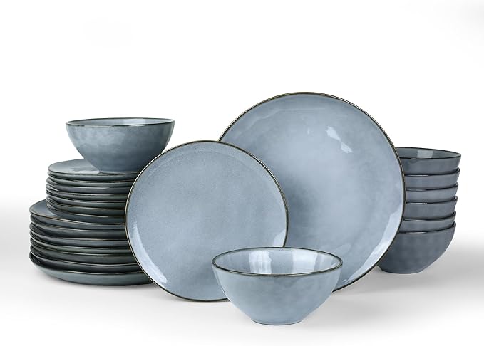 Famiware Dinnerware Sets for 8 Ocean Round 24-Piece Kitchen Plates and Bowls Sets Reactive Glaze Microwave and Dishwasher Safe Scratch Resistant Blue