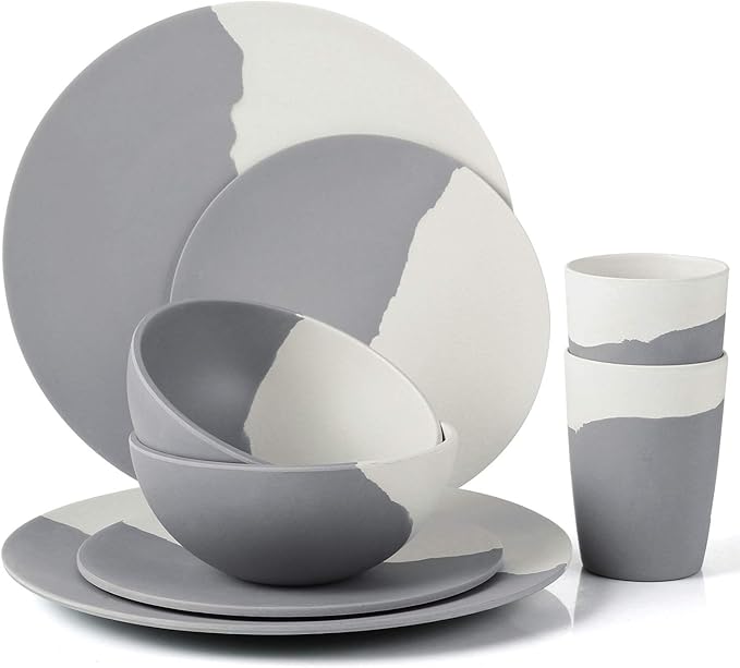 MORGIANA 8 pcs Bamboo Dinnerware Set Reusable Plates Bowls Sets Camping Picnic Dishes Tableware Set for 2 (Grey &amp White)