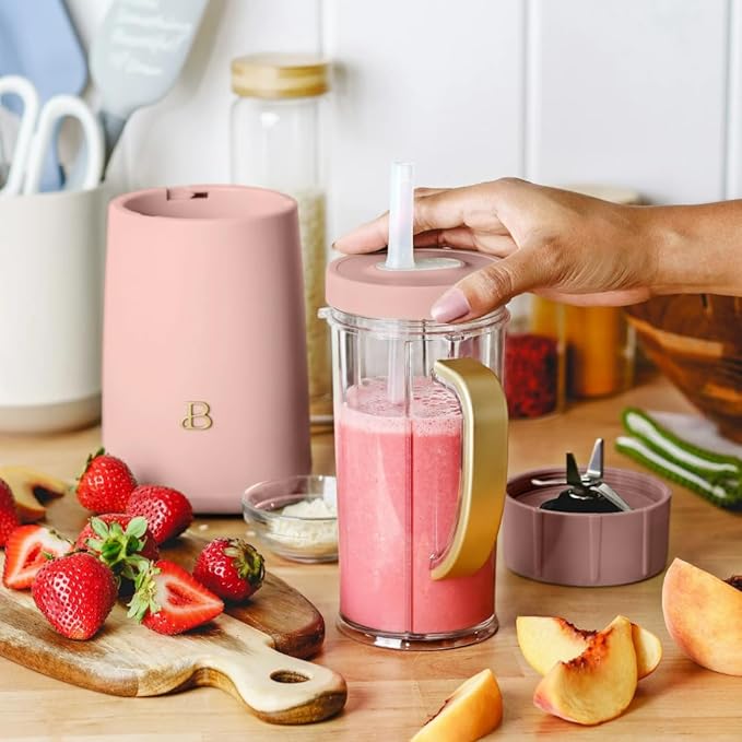 Personal Blender 12-Piece Set 240W Motor Emulsifying Stainless Steel Blade System 16oz Travel Cup with Straw BPA-Free Dishwasher Safe Jars (Rose)