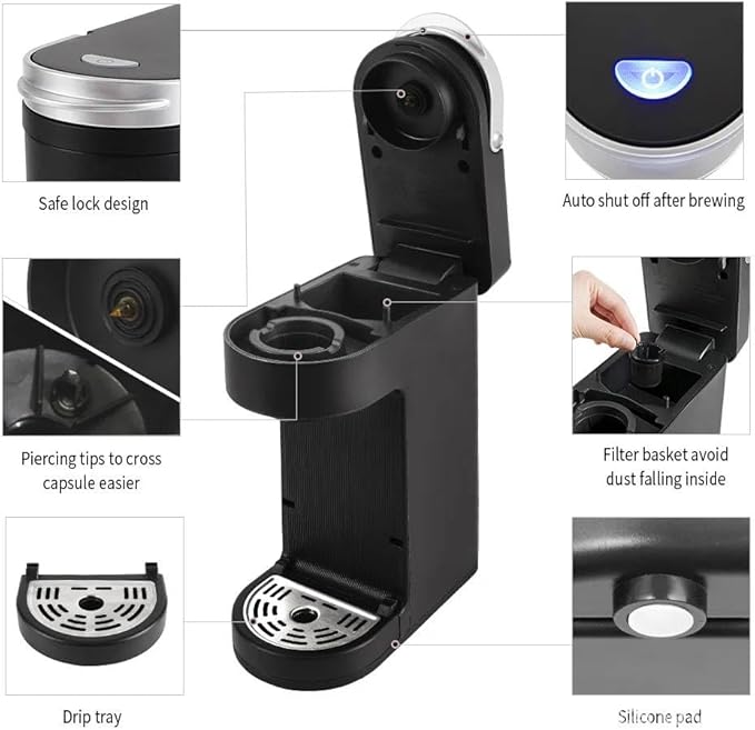 Single Serve Coffee Maker Slim One Cup Brewer with Reusable Filter Compact Pod Coffee Machine 6-12oz