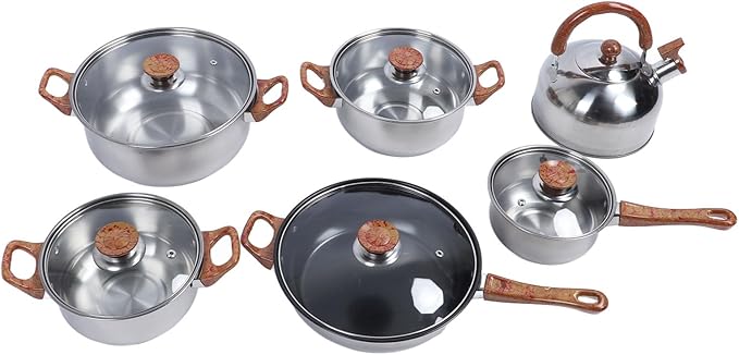Stainless Steel Cookware Set Kitchen Pots and Pans Set with Kettle Multifunctional Wood Grain Design Cookware for Home Use Includes 5 Pots 1 Kettle 5 Lids for Various Cooking Ne