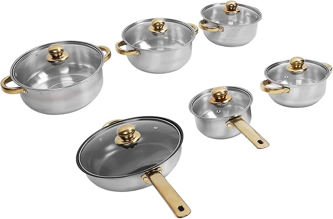 Stainless Steel Cookware Set with Gold Handle Pots and Pans for Home Kitchen - Rustproof Stick Proof Energy Efficient Suitable for All Stovetops (Gold Handle)
