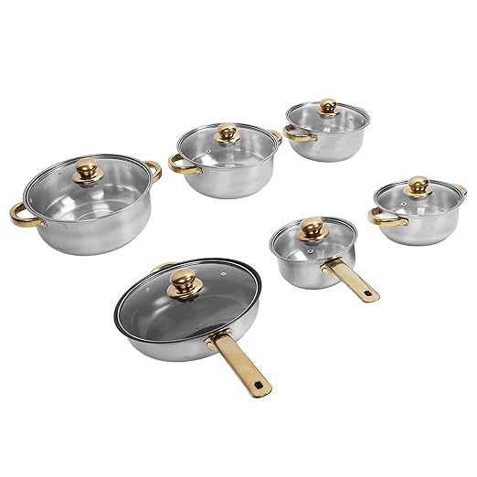Pots and Pans SetPremium Stainless Steel Cookware Set - Proof and Stick Proof Pan and Pot Set with Gold Handles and Kettle - Ideal for Home Kitchens and Restaurants (Gold Handle)