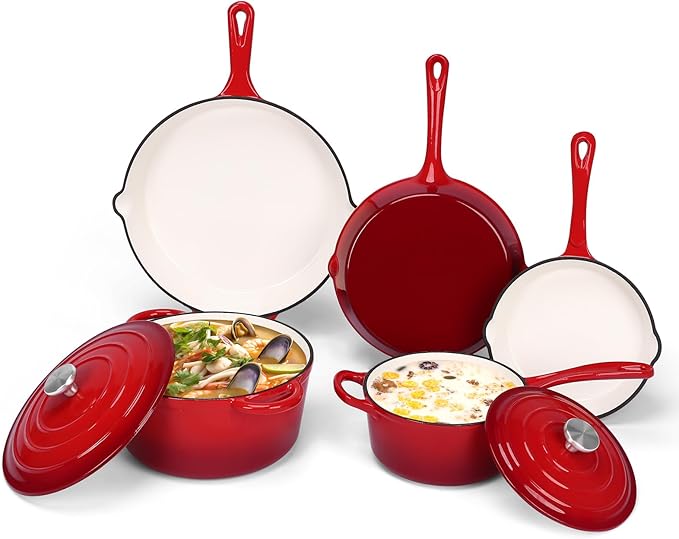 QuliMetal Nonstick Enameled Cast Iron Cookware Set 5 Pcs Pots and Pans with Lid Skillet Frying Pan Saucepan &amp Dutch Oven for All Stovetops PFA Free - Ideal for Sourdough Bread Baking