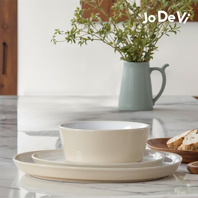 Stoneware Dinnerware Set for 4(12Pcs) – Microwave &amp Dishwasher Safe Plates and Bowls with Reactive Glaze – Rustic Farmhouse Modern Design for Everyday Dining Wedding &amp Outdoor - Light Beige