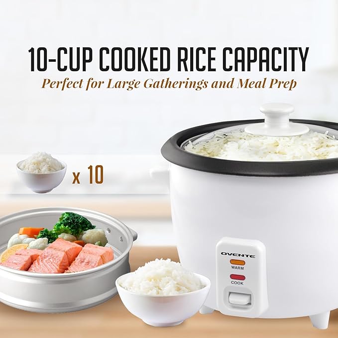 OVENTE Electric Rice Cooker and Food Steamer – 10-Cup Cooked Capacity (5 Cups Uncooked) Nonstick Removable Pot Keep Warm Function Steaming Basket Measuring Cup &amp Spatula Included White RCS01W
