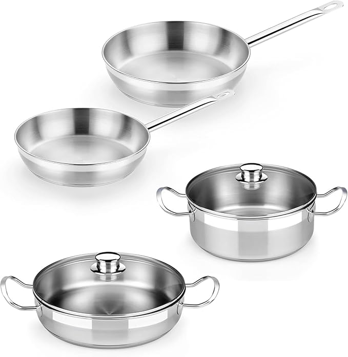 BRA COOKWARE Profesional 6 Piece Cookware Set | Stainless Steel Professional Kitchenware Set | 1 Stock Pot 1 Sauté Pan 2 Frying Pans 2 Lids | All Heat Sources Compatible | PFOA Free