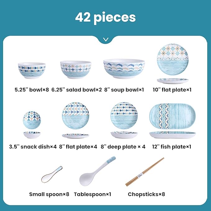 High-End Dinner SetCeramics Dinner Sets Blue Geometric Patterns Porcelain Dinnerware Set of 42 | Cereal Bowl and Steak Plate Set for Housewarming Gift