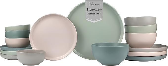 Sango 16-Piece Stoneware Dinnerware Set for 4 Satin Glazed Plates and Bowls Sets with Matte Finish Ceramic Dish Set Durable Kitchen Dishes Microwave &amp Dishwasher Safe Dining Rollo Artist's Bl