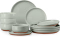 E-far 12-Piece Stoneware Dinnerware Sets Plates and Bowls Sets for 4 Ceramic Dishware Dishes Set with Terracotta Base Chip &amp Scratch Resistant Microwave &amp Dishwasher Safe Speckled Green