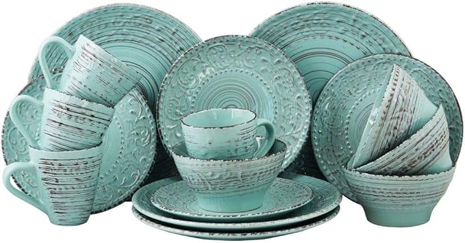 16 Piece Traditional Rustic All Seasons Durable Stoneware Farmhouse Dinnerware Set Dishwasher Safe Turquoise Subtle Swirl Pattern Round Dinner Plate Dessert Plates Bowls Mugs Dinnerware Set for 4