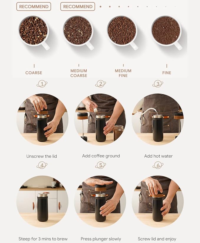 Sesama Classic Portable French Press Coffee Mug 12 oz with Carry Loop Stainless Steel French Press Coffee Maker BPA Free Great for Camping and Travel