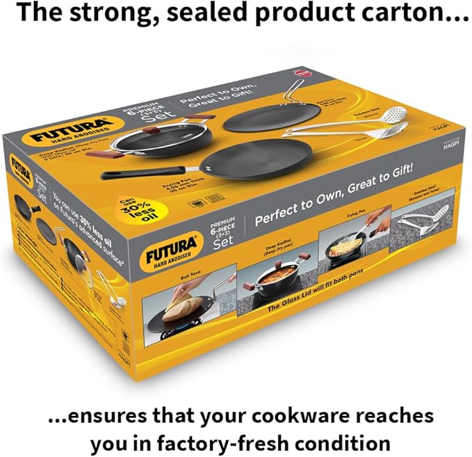 Hawkins Futura 6-Piece Hard Anodised Induction Gift Set - 2L Kadhai 20cm Frying Pan 26cm Tava Glass Lid Stainless Steel Skimmer and Turner (HAGP1)