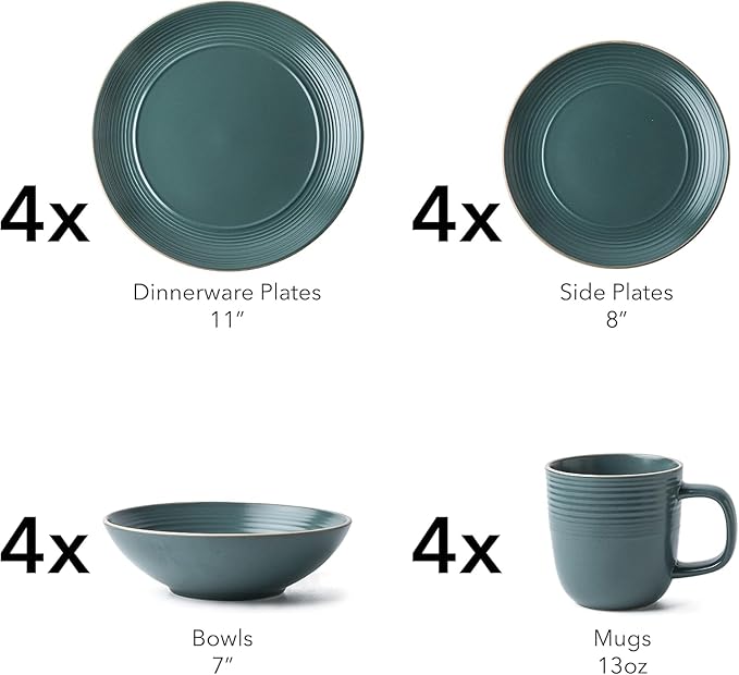 RINGAR Round Stoneware 16pc Dinnerware Set of 4 Dinner Plates Side Plates Cereal Bowls Mugs - Speckle Matte Green (434540)