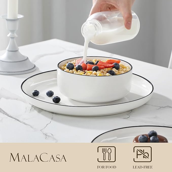 MALACASA Plates and Bowls Sets 12 Pieces Modern Porcelain Dinnerware Set for 4 White Kitchen Dinner Dining Ware Set wtih Black Rim Ceramic Dishware Dishes Microwave and Dishwasher Safe Series LUNA