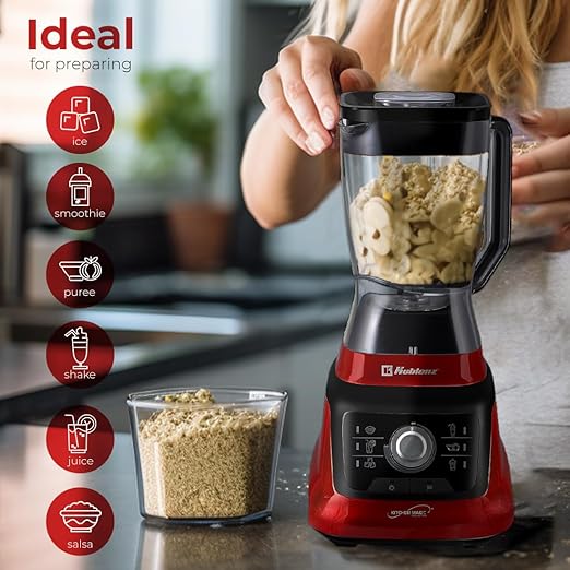 Koblenz Bob Countertop Blender 1400 Watt Stainless Steel Reversible Blade 6 Smart Programs Variable Speed &amp Pulse 68 oz Jar Personal Blender To-Go Cup Tamper Ultra-Quiet Black/Red LKM-96