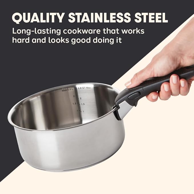 T-fal Ingenio Expertise Stainless Steel Cookware Set 4 Piece Induction Oven Safe Stackable Cookware Pots and Pans RV Camping Frying Pans Dishwasher Safe Detachable/Removable Handle Silver