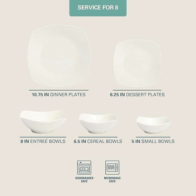Gibson Home Brentwood 40-Piece Dinnerware Set – Square White Porcelain Plates and Bowls Service for 8 Dishwasher &amp Microwave Safe Modern Everyday Dinner Set with Cereal Dessert and Entrée Bow