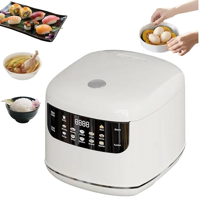 Smart Titanium Inner Pot Rice Cooker 2L 10-in-1 Multicooker with Steamer Basket 7-Stage Heating &amp 400W Power Nonstick Coating Color Display Timer Keep Warm (White)
