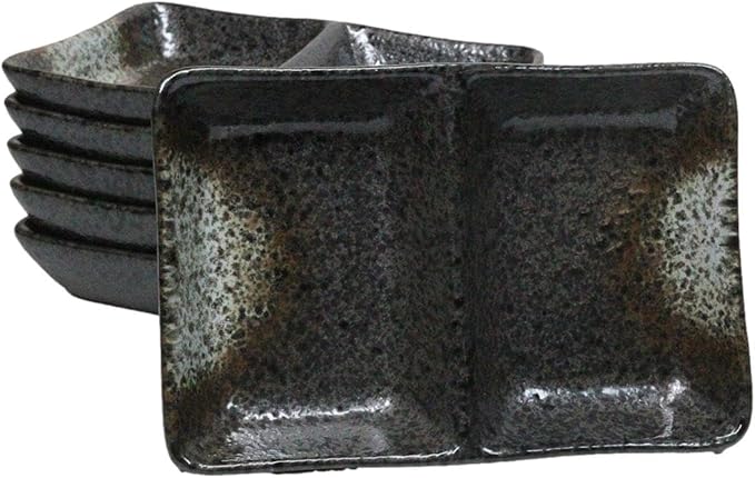 Ebros Gift Artistic Charcoal Grey Tone Hakumu Collection Dinnerware Serveware Kitchenware Set Asian Japanese Restaurant Supply (Pack Of 6 Dual Compartment Rectangle Sauce Dishes)