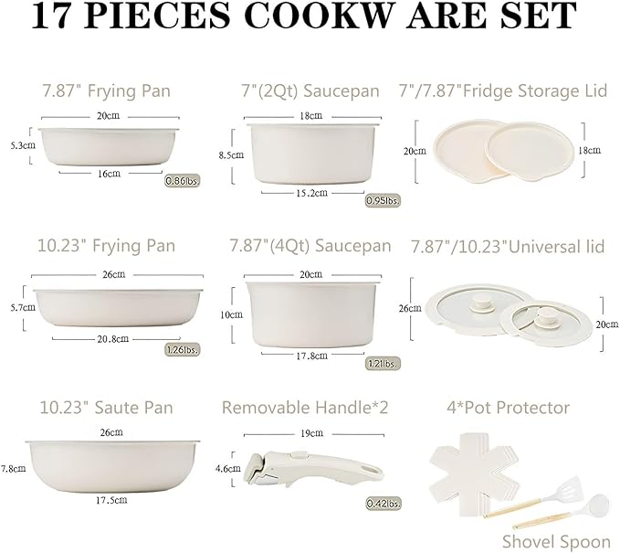 17-Piece Nonstick Ceramic Cookware Set with Removable Handles Silicone Tools Pot Protectors Induction-Compatible