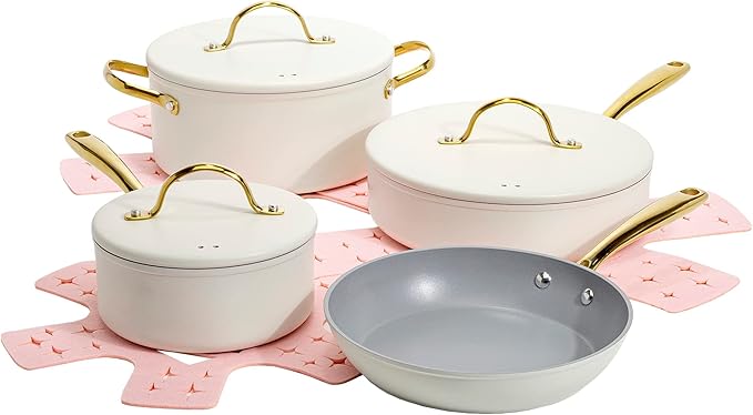 Paris Hilton Iconic Nonstick Pots and Pans Set Multi-layer Nonstick Coating Matching Lids With Gold Handles Made without PFOA Dishwasher Safe Cookware Set 10-Piece Cream