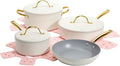 Paris Hilton Iconic Nonstick Pots and Pans Set Multi-layer Nonstick Coating Matching Lids With Gold Handles Made without PFOA Dishwasher Safe Cookware Set 10-Piece Cream