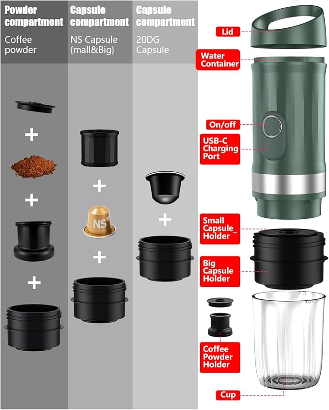 Portable Espresso Machine 3Minute Auto Heat12V Rechargeable Electri Coffee Maker 20 BaCompatible with NS DG Capsules and GroundCoffee for Camping Travelling RVing HikingandOffice (Green)