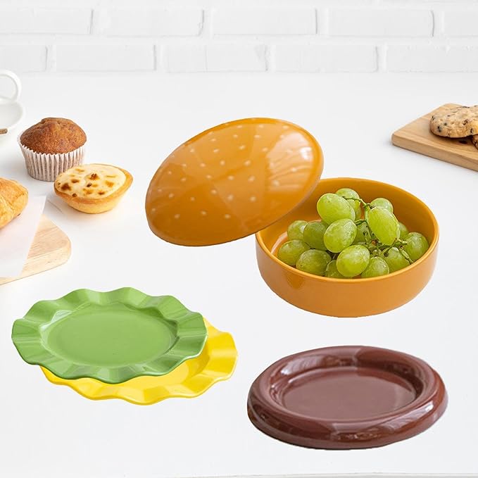 Ceramic Dinnerware Set Stackable Burger Plate Bowl Set with Lid Tableware for Kitchen