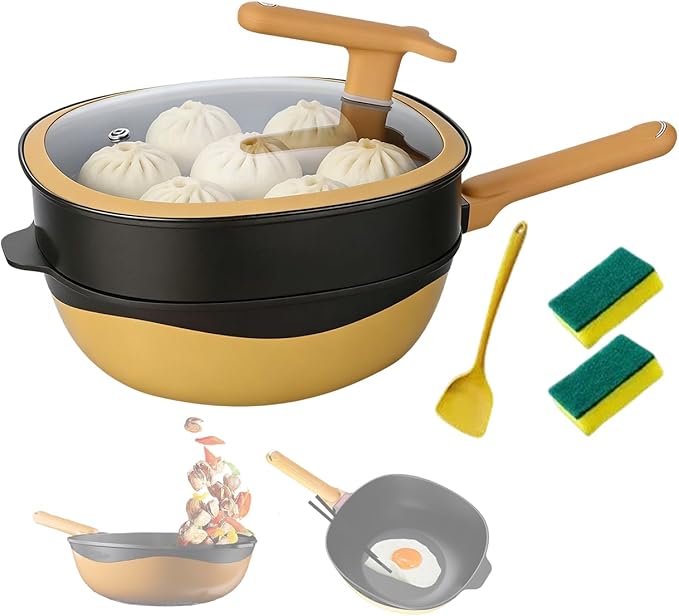 Titanium Cookware Set with Lids Titanium Nonstick Pan Premium Titanium Non-Stick Cookware for Healthy Effortless Cooking Titanium Pan SetYellow32 cm