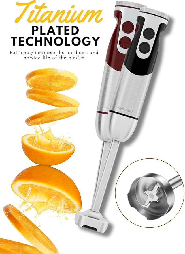 MegaWise Pro Titanium Reinforced 5-in-1 Immersion Hand Blender Powerful Motor with 80% Sharper Blades 12-Speed Corded Blender (Black)