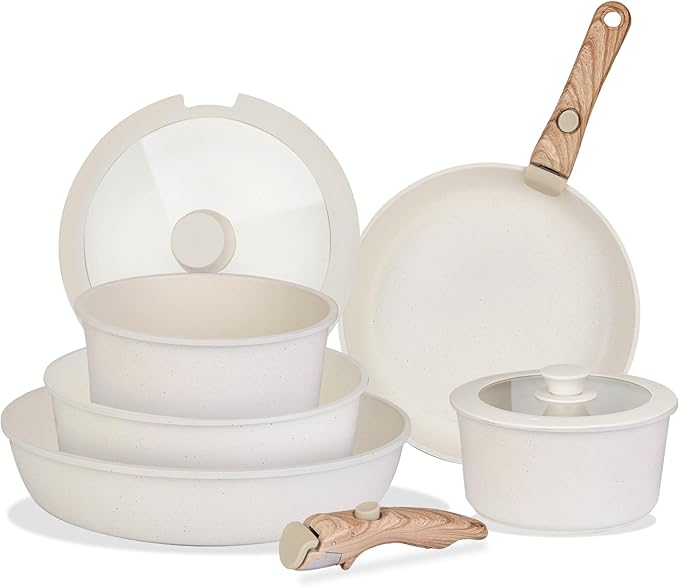 9Pcs Nonstick Cookware Set Kitchen Pots and Pans Set with Detachable Handles Tempered Glass Lids Dishwasher Oven Safe Aluminum Alloy Kitchen Cookware