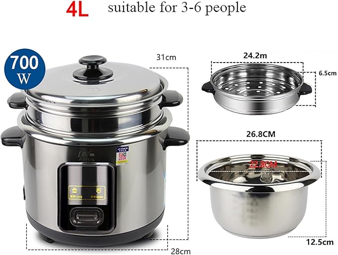 Rice Cooker (3/4/5L) 304 Stainless Steel Inner Pot Intelligent Insulation Make Rice &amp Steam Food &amp Vegetables 220-240V US/EU Power(4L) zz-0326
