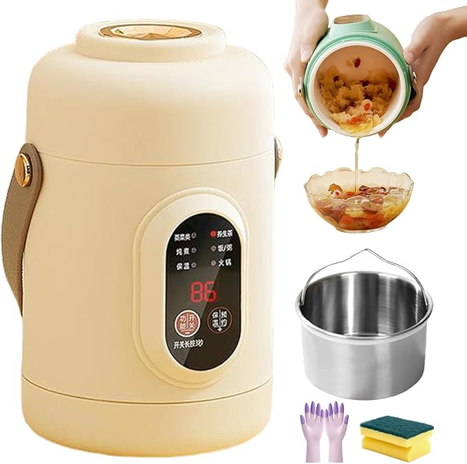 Multifunctional Health Pot 500W Portable Mini Electric Cooker with Ceramic Glaze Inner &amp Steamer 12-Hour Timer Keep-Warm for Soup Noodles in Dorm Office Travel (Khaki800ml)